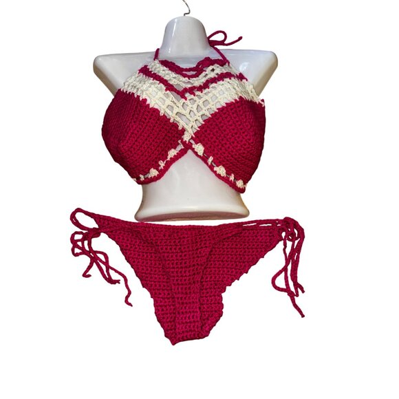 Handmade Crochet Bikini Set Pink & White Halter Top Knit Sexy Swimsuit Large Hot - Picture 7 of 7